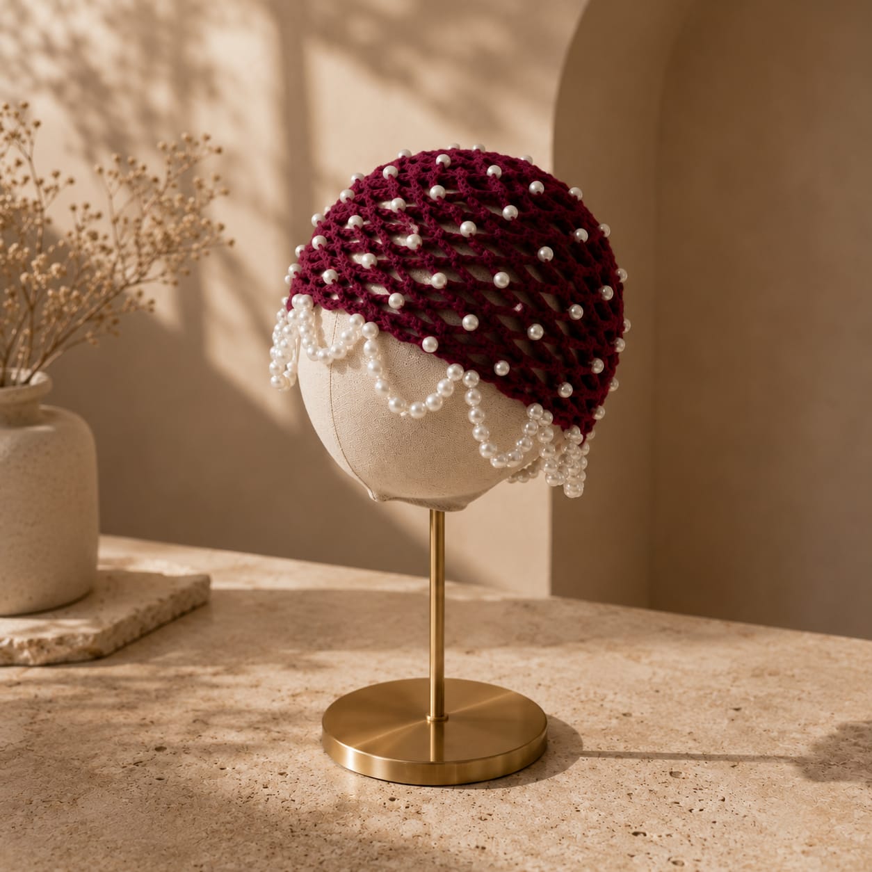 Pearl Embellished Crochet Hair Cap – Burgundy Vintage Mesh Headpiece | Mobo Makes