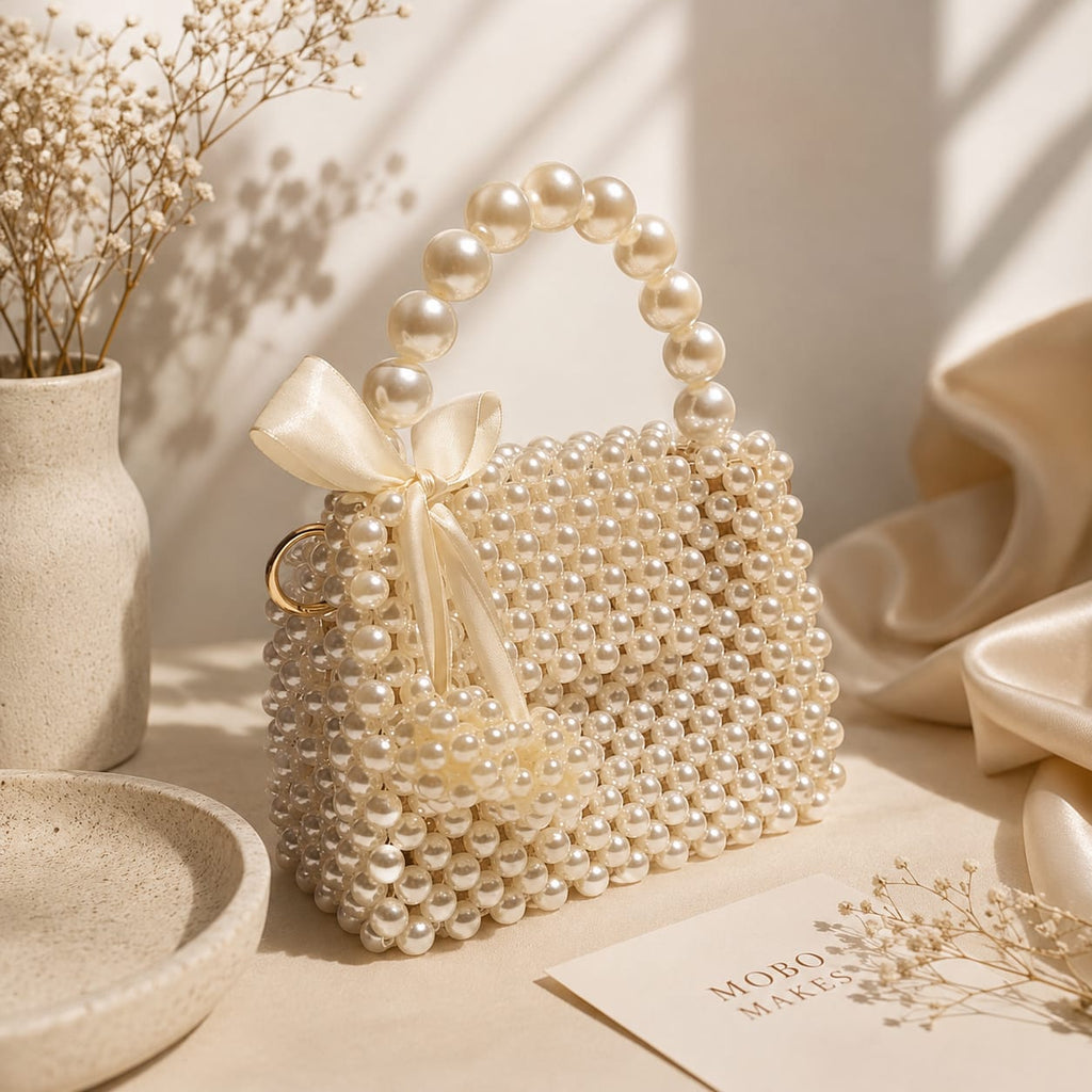 Luxury Handmade Pearl Beaded Handbag with Elegant Satin Bow