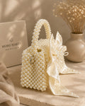 Luxury Handmade Pearl Beaded Handbag with Elegant Satin Bow