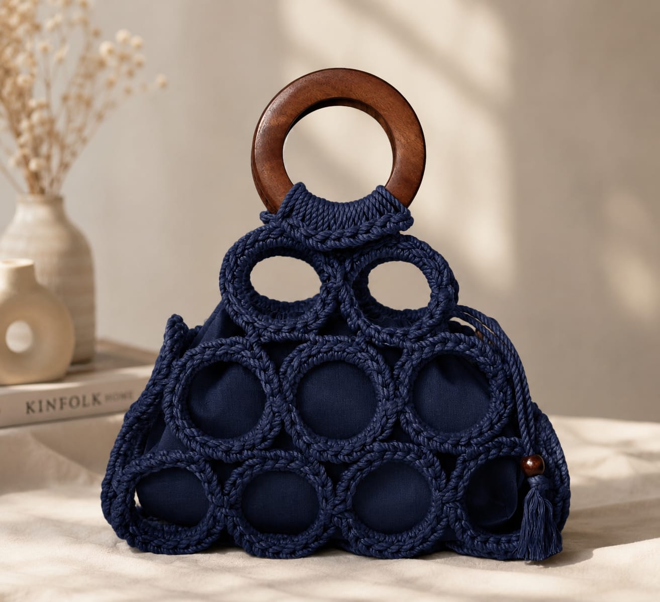 Handmade Navy Macramé Wooden Handle Handbag | Premium Boho Tote |