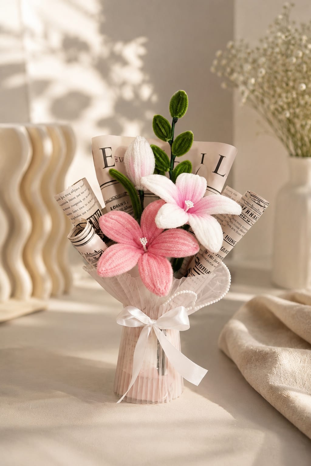 Handmade Pink Lily Crochet Flower Bouquet |Premium Knitted Bouquet | MOBO MAKES