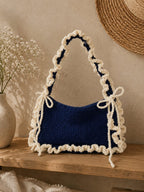 Luxury Handcrafted Navy Blue Crochet Shoulder Bag | Elegant Ruffle Trim Handbag for Women