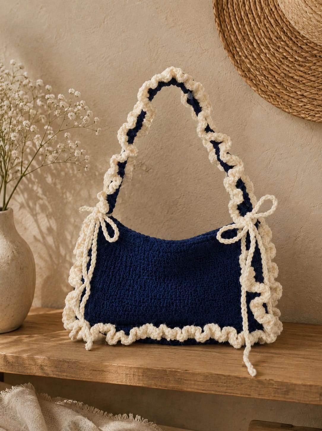 Luxury Handcrafted Navy Blue Crochet Shoulder Bag | Elegant Ruffle Trim Handbag for Women