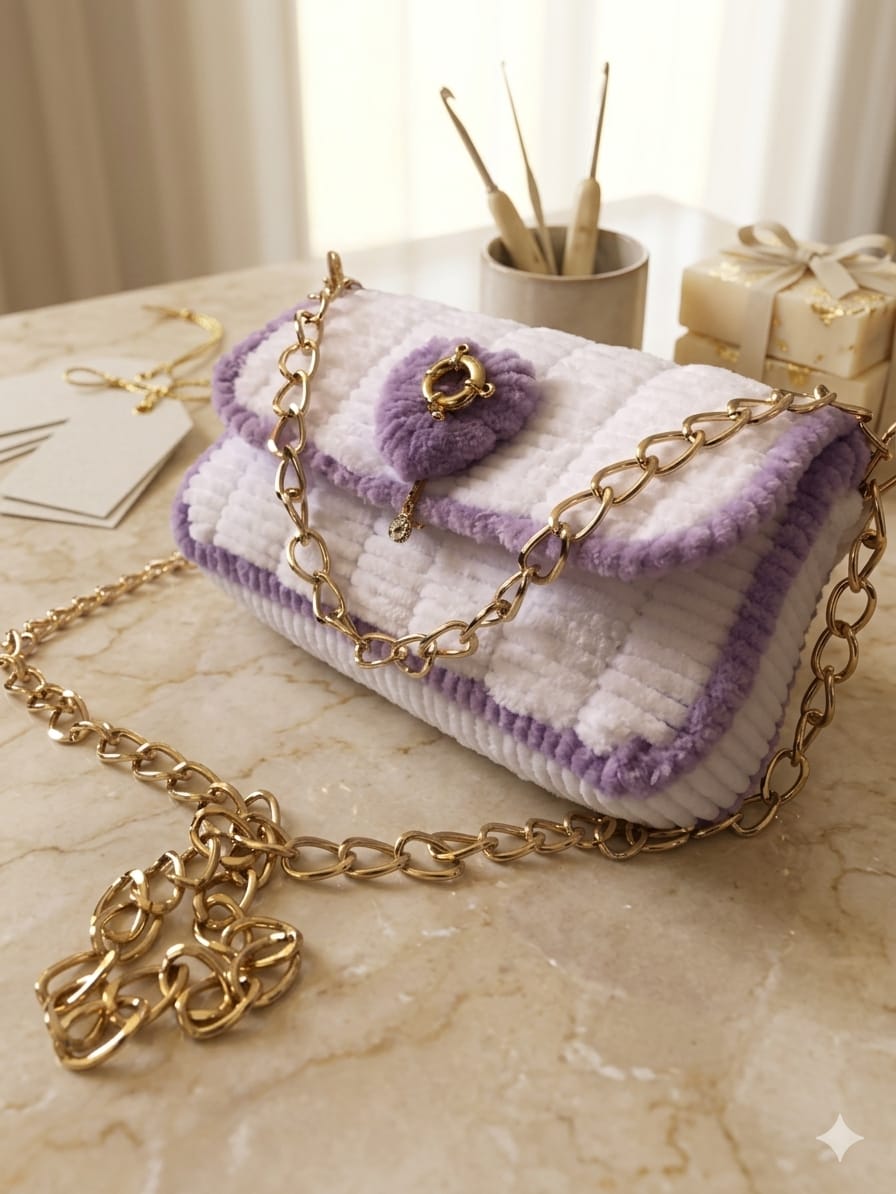 Luxury Handcrafted Lavender & White Crochet Sling Bag | Premium Checkerboard Crossbody Bag for Women | MOBO MAKES