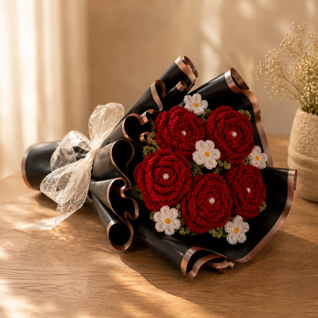Handcrafted Crochet Red Rose & Daisy Bouquet with Pearl Centers |
