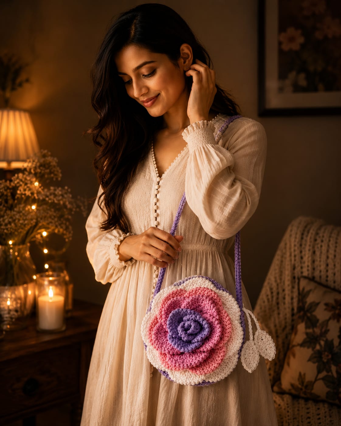 Handmade Crochet Rose Flower Sling Bag – Pastel Multi-Color Crossbody