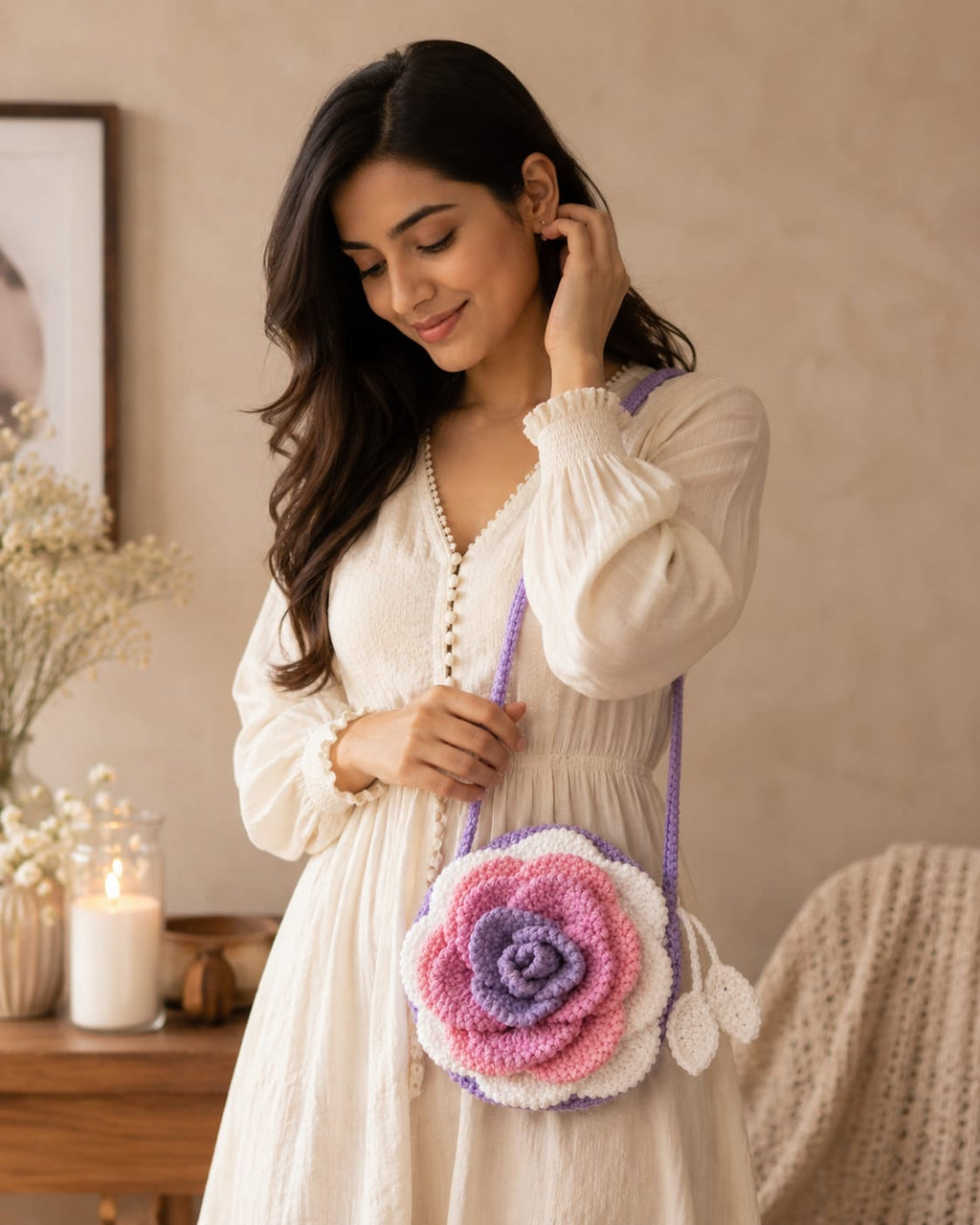 Handmade Crochet Rose Flower Sling Bag – Pastel Multi-Color Crossbody
