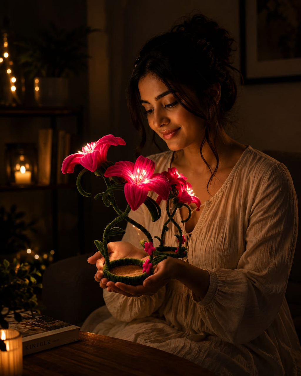 Handmade Pipe Cleaner Flower LED Night Light – Aesthetic Lily Desk Lamp