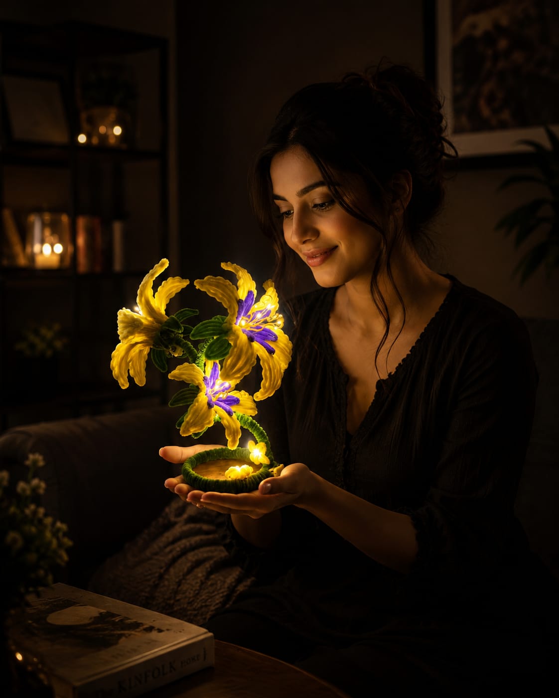 Handmade Yellow and Purple Pipe Cleaner Flower LED Night Light