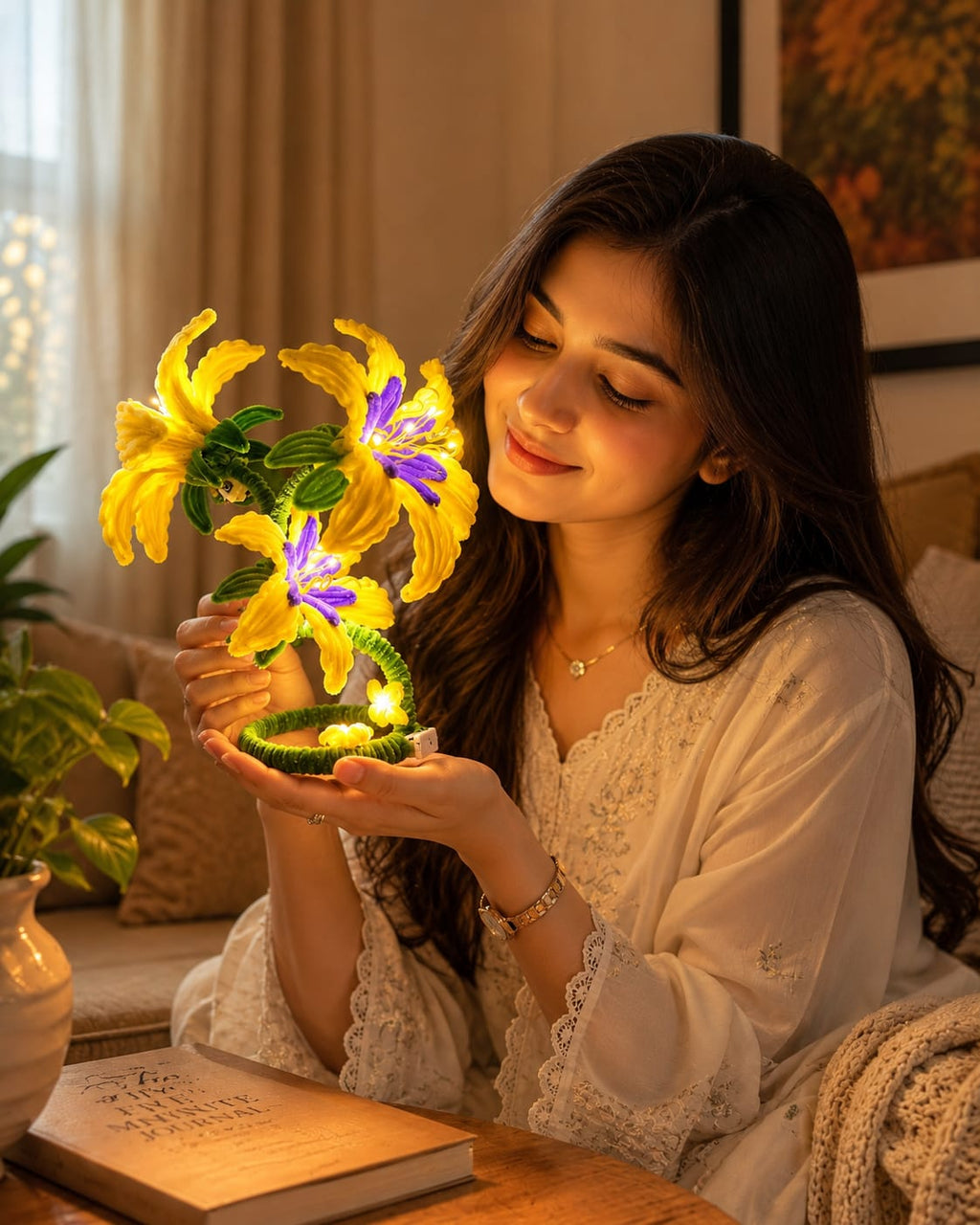 Handmade Yellow and Purple Pipe Cleaner Flower LED Night Light