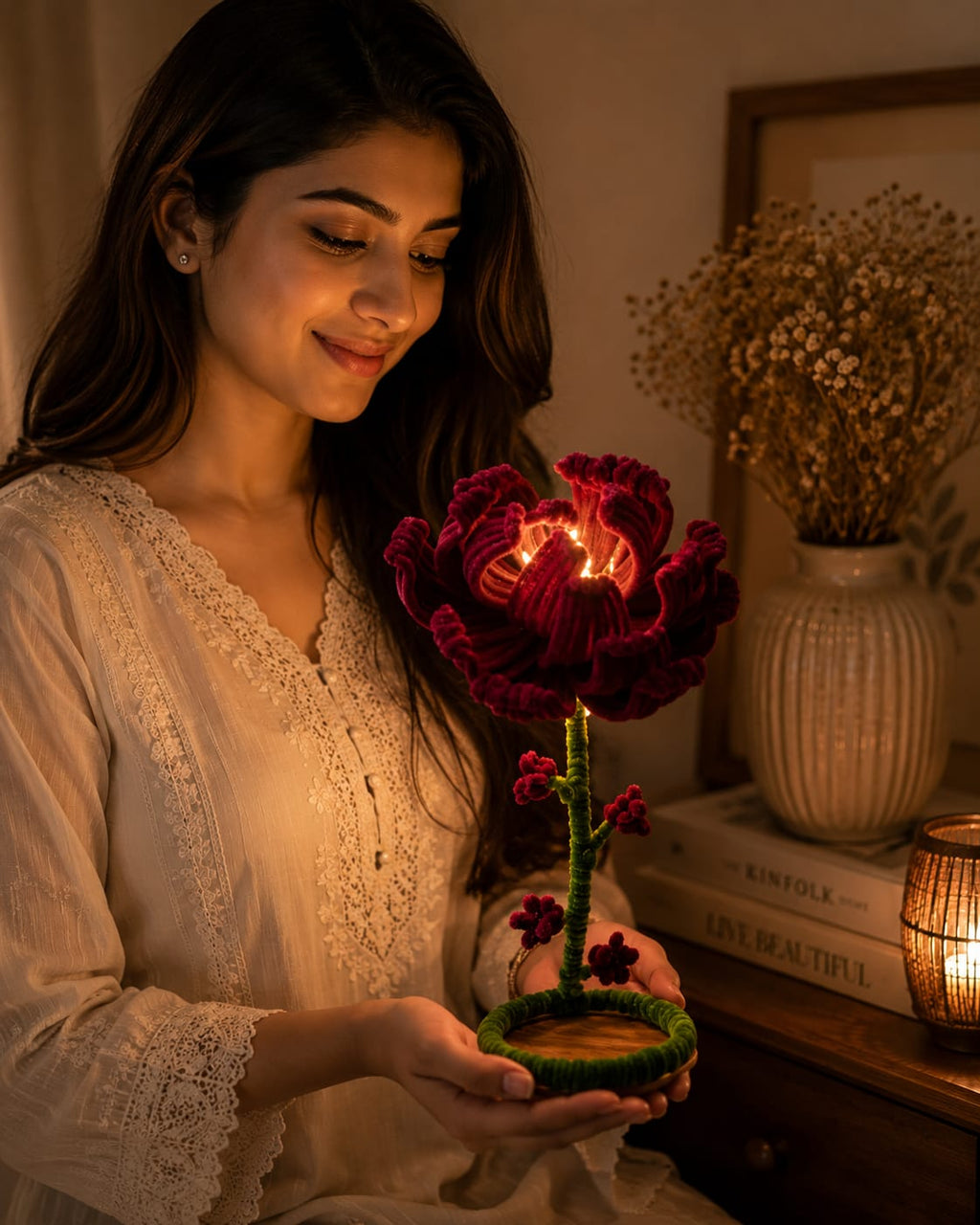 Handmade Dark Red Velvet Flower LED Night Light – Aesthetic Peony Desk Lamp