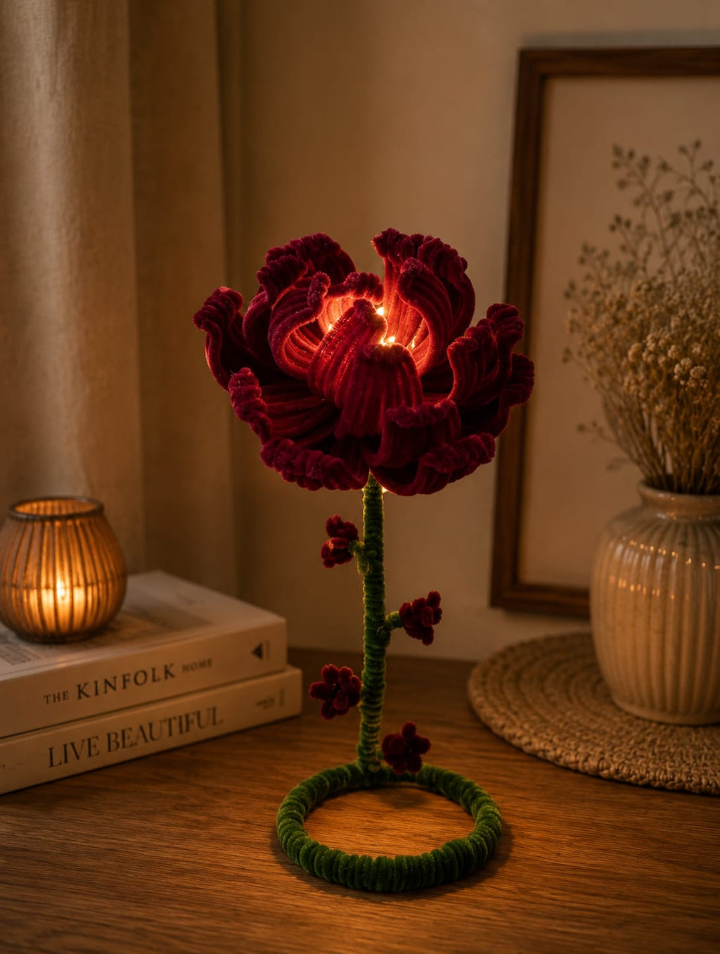 Handmade Dark Red Velvet Flower LED Night Light – Aesthetic Peony Desk Lamp