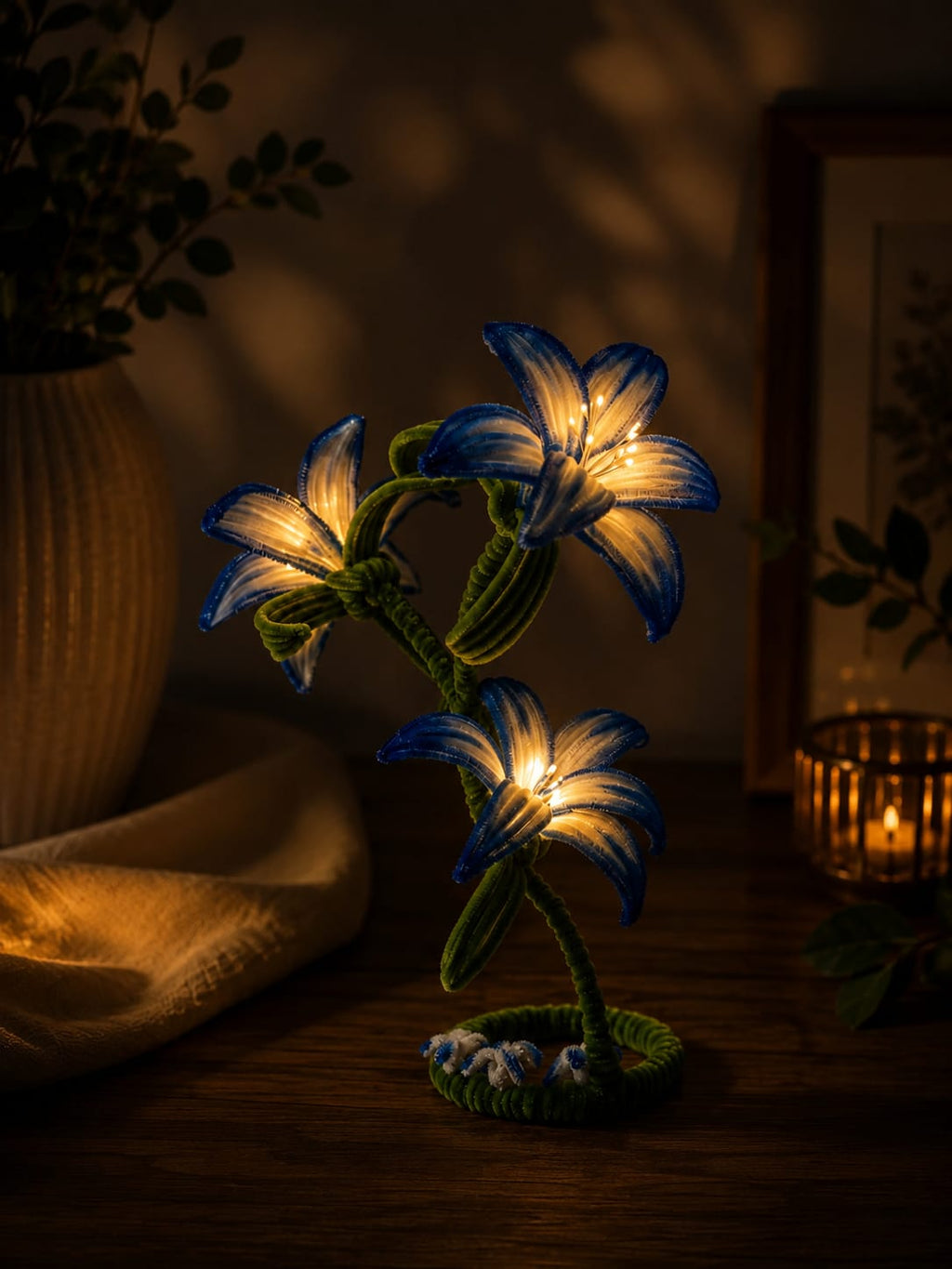 Handcrafted Blue Velvet Lily Lights | Luxury Botanical Art | Mobo Makes