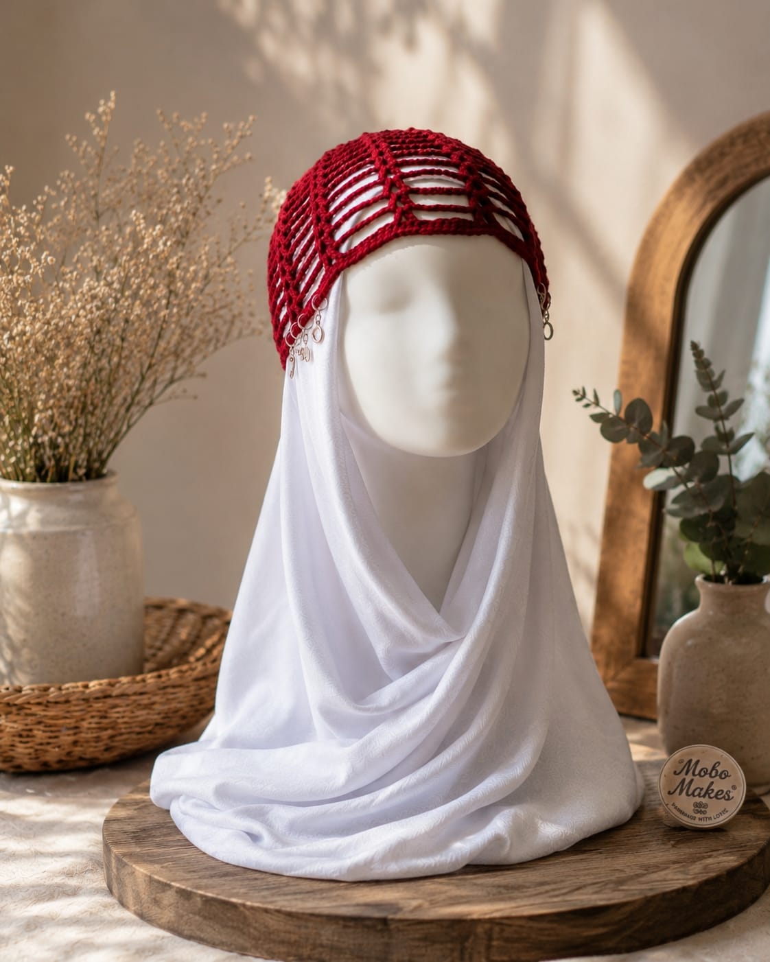 Handmade Crimson Red Knit Hair Net – Open Work Vintage Style Cottagecore Bonnet