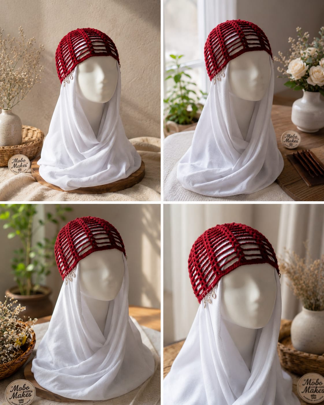 Handmade Crimson Red Knit Hair Net – Open Work Vintage Style Cottagecore Bonnet