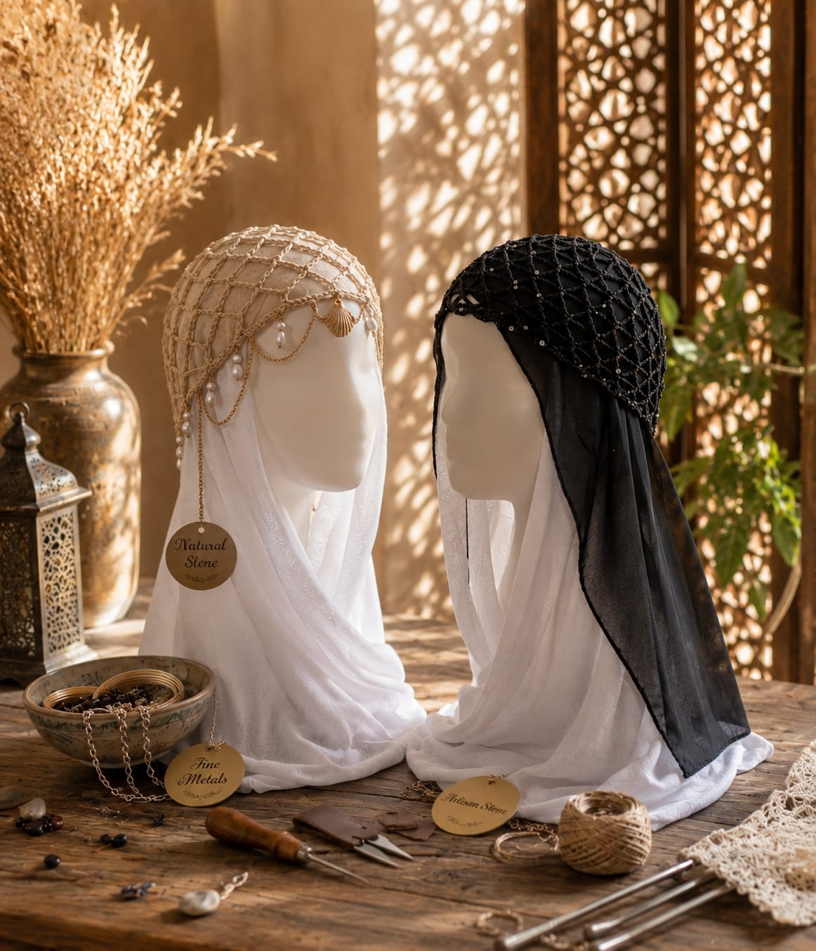 Handmade Crochet Hijab Accessory Cap – Jeweled Net Bonnet with Draping Gold Chains