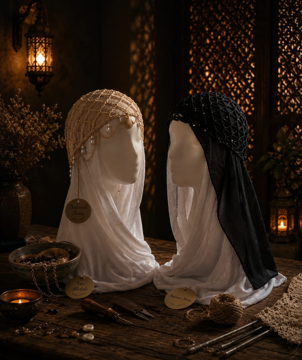 Handmade Crochet Hijab Accessory Cap – Jeweled Net Bonnet with Draping Gold Chains