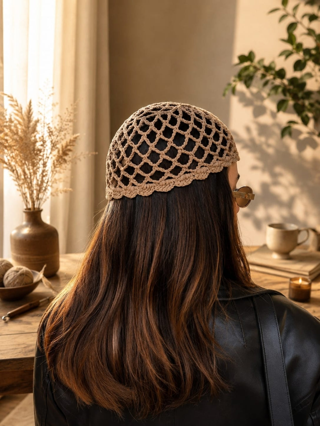 Handmade Crochet Mesh Skull Cap – Boho Fishnet Hair Bandana Headwrap