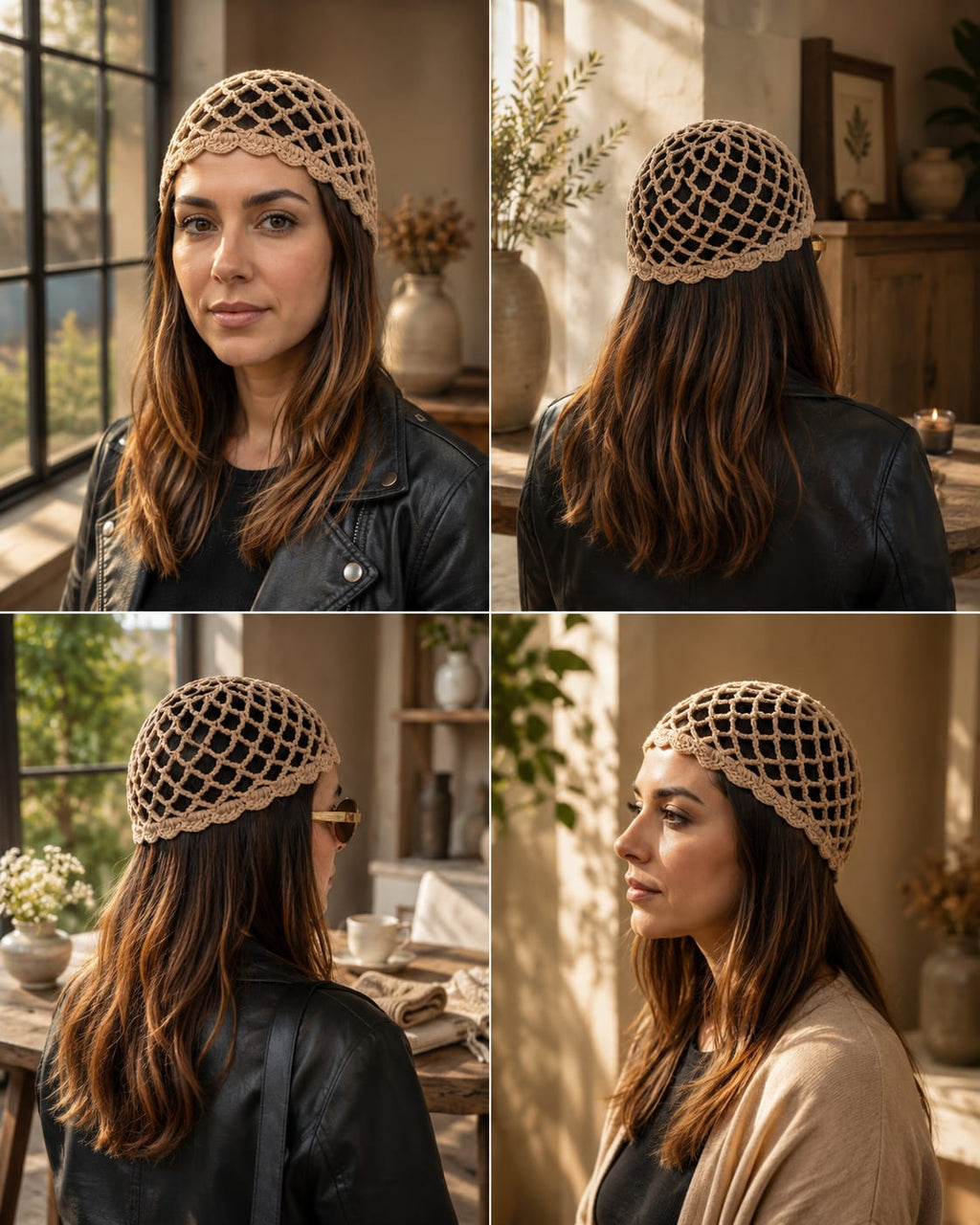 Handmade Crochet Mesh Skull Cap – Boho Fishnet Hair Bandana Headwrap