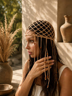 Handmade Crochet Net Headband Scarf – Beige Festival Hair Net with Draping Tassels