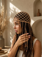Handmade Crochet Net Headband Scarf – Beige Festival Hair Net with Draping Tassels