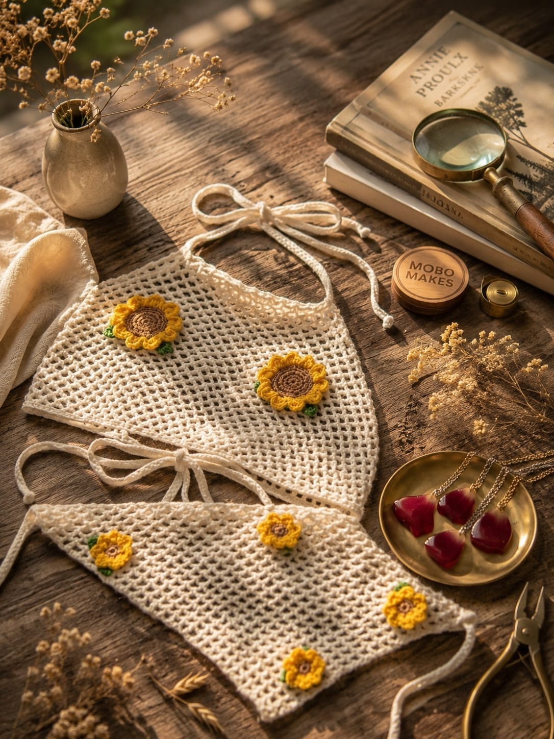 Handmade Crochet Sunflower Halter Top & Bandana Set – Boho Mesh Festival Two-Piece | Mobo Makes