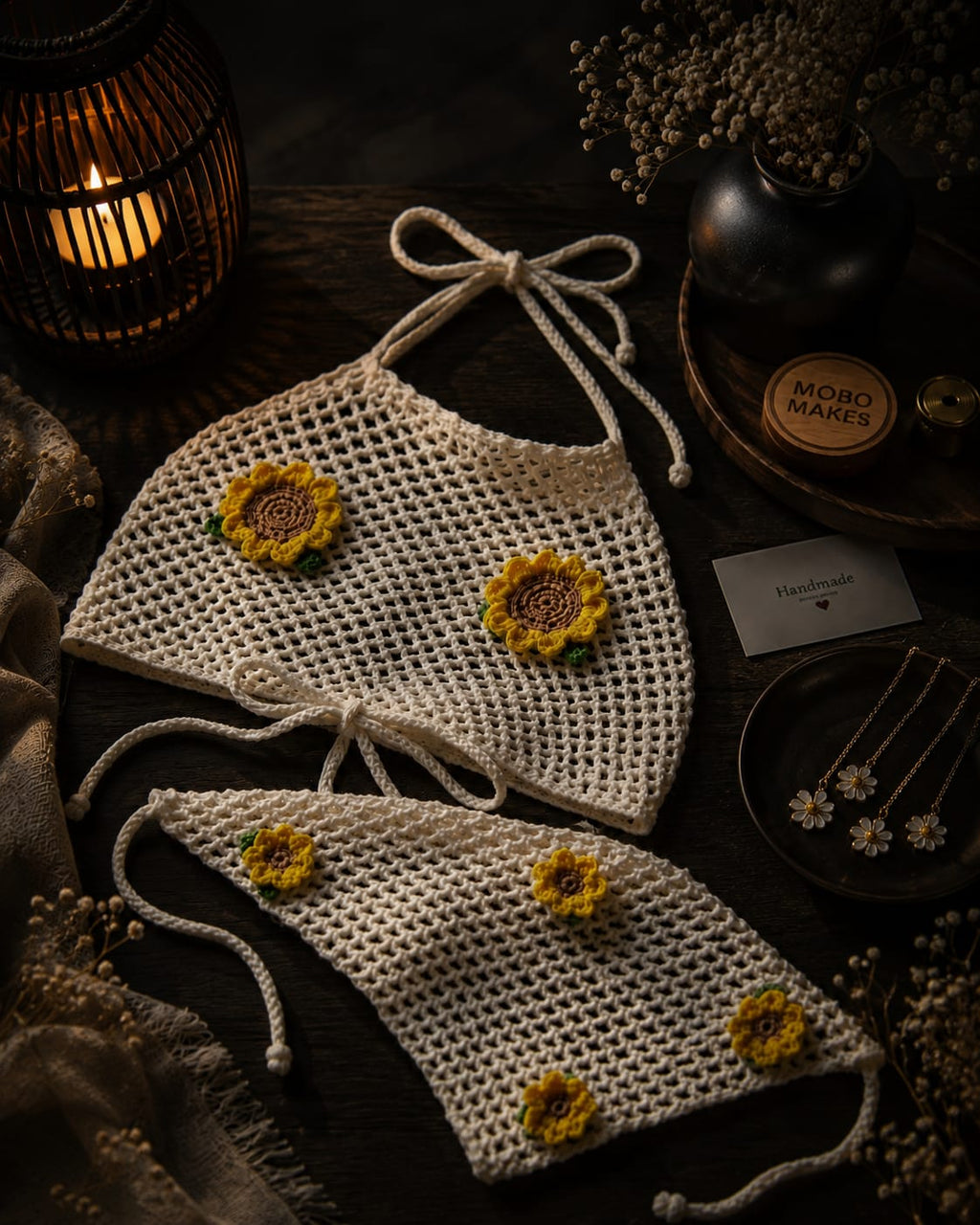 Handmade Crochet Sunflower Halter Top & Bandana Set – Boho Mesh Festival Two-Piece | Mobo Makes