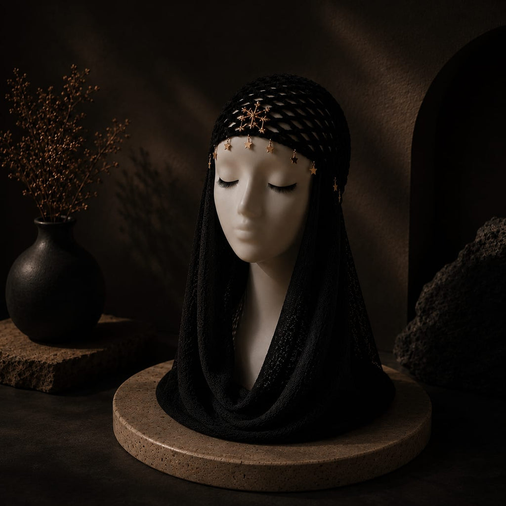 Handmade Net Bonnet with Celestial Charms – Macramé Diamond Pendant Headpiece