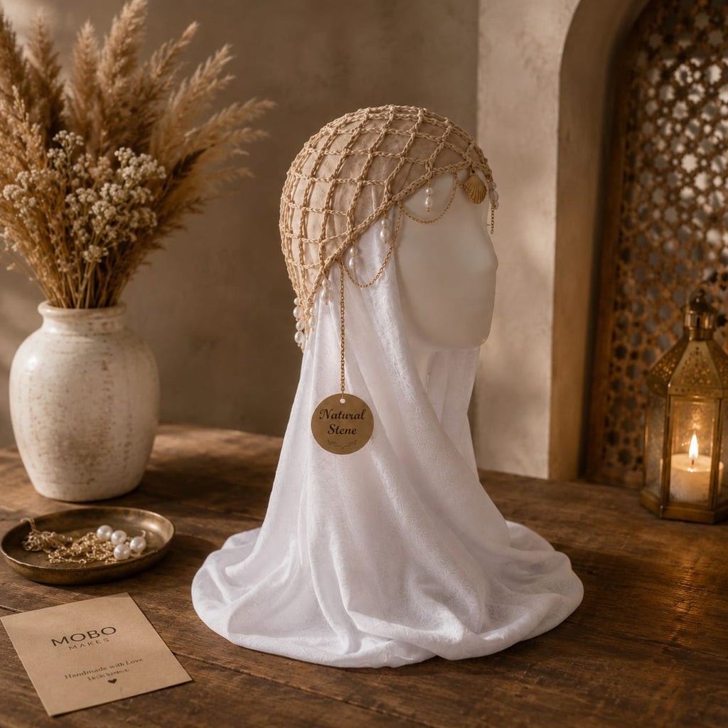 Handmade Crochet Hijab Accessory Cap – Jeweled Net Bonnet with Draping Gold Chains