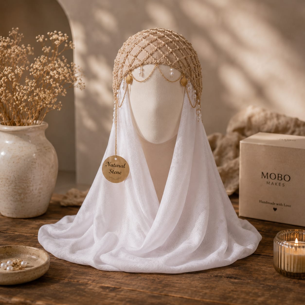 Handmade Crochet Hijab Accessory Cap – Jeweled Net Bonnet with Draping Gold Chains