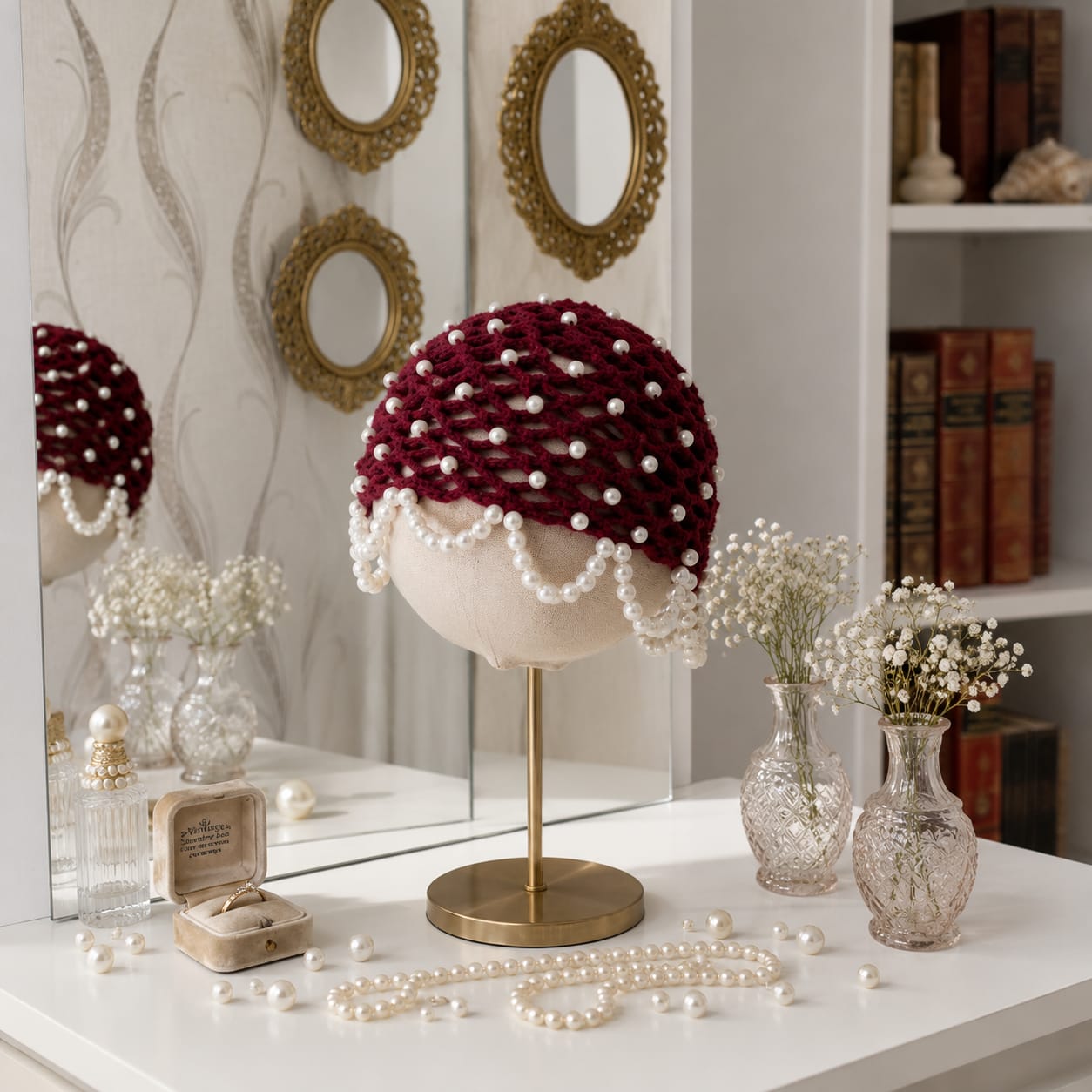 Pearl Embellished Crochet Hair Cap – Burgundy Vintage Mesh Headpiece | Mobo Makes