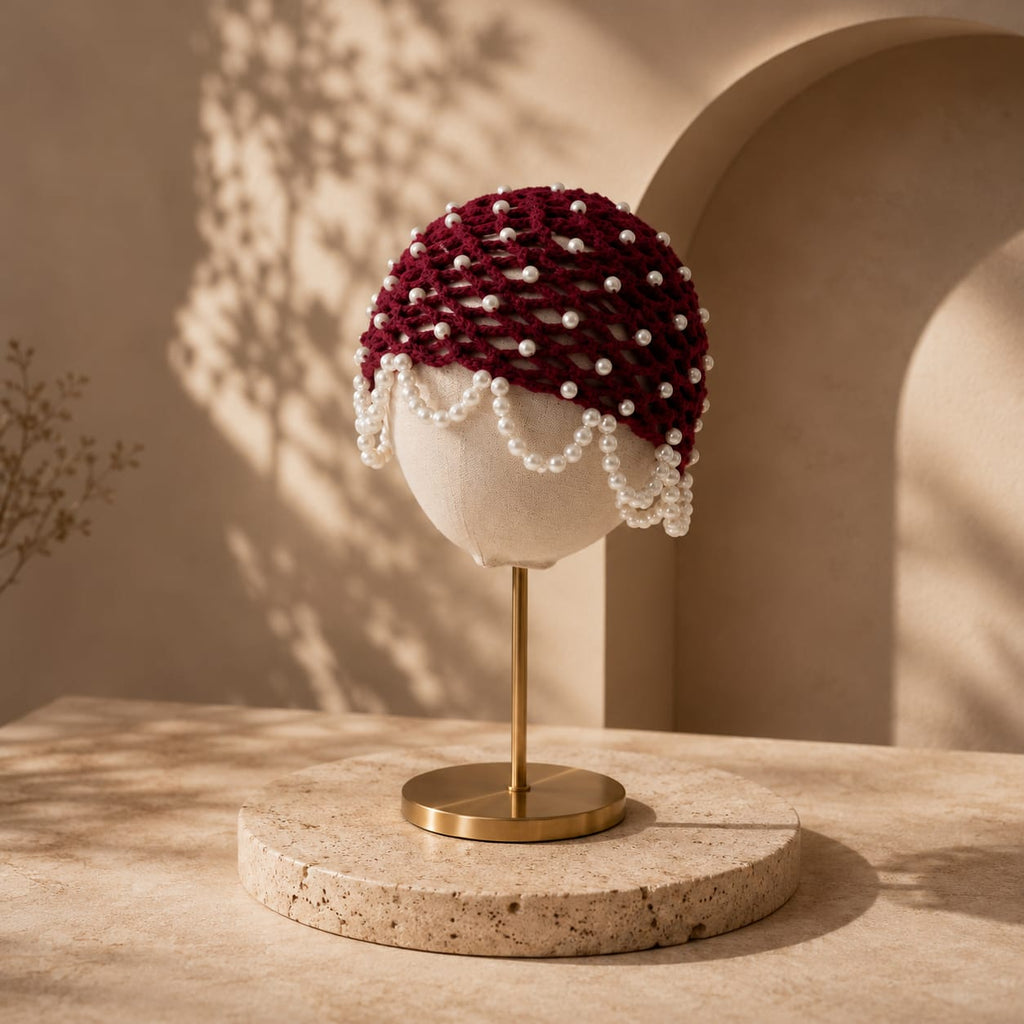 Pearl Embellished Crochet Hair Cap – Burgundy Vintage Mesh Headpiece | Mobo Makes