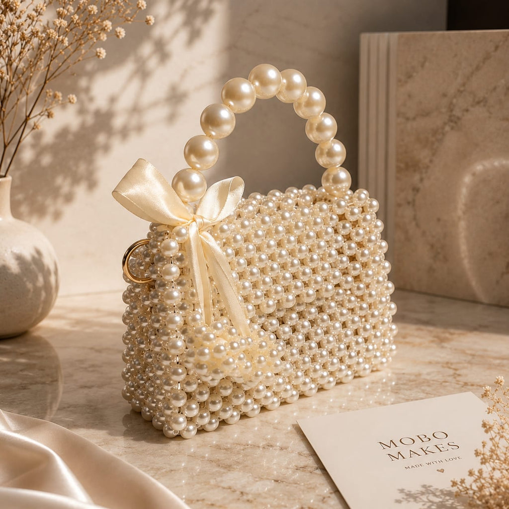 Luxury Handmade Pearl Beaded Handbag with Elegant Satin Bow