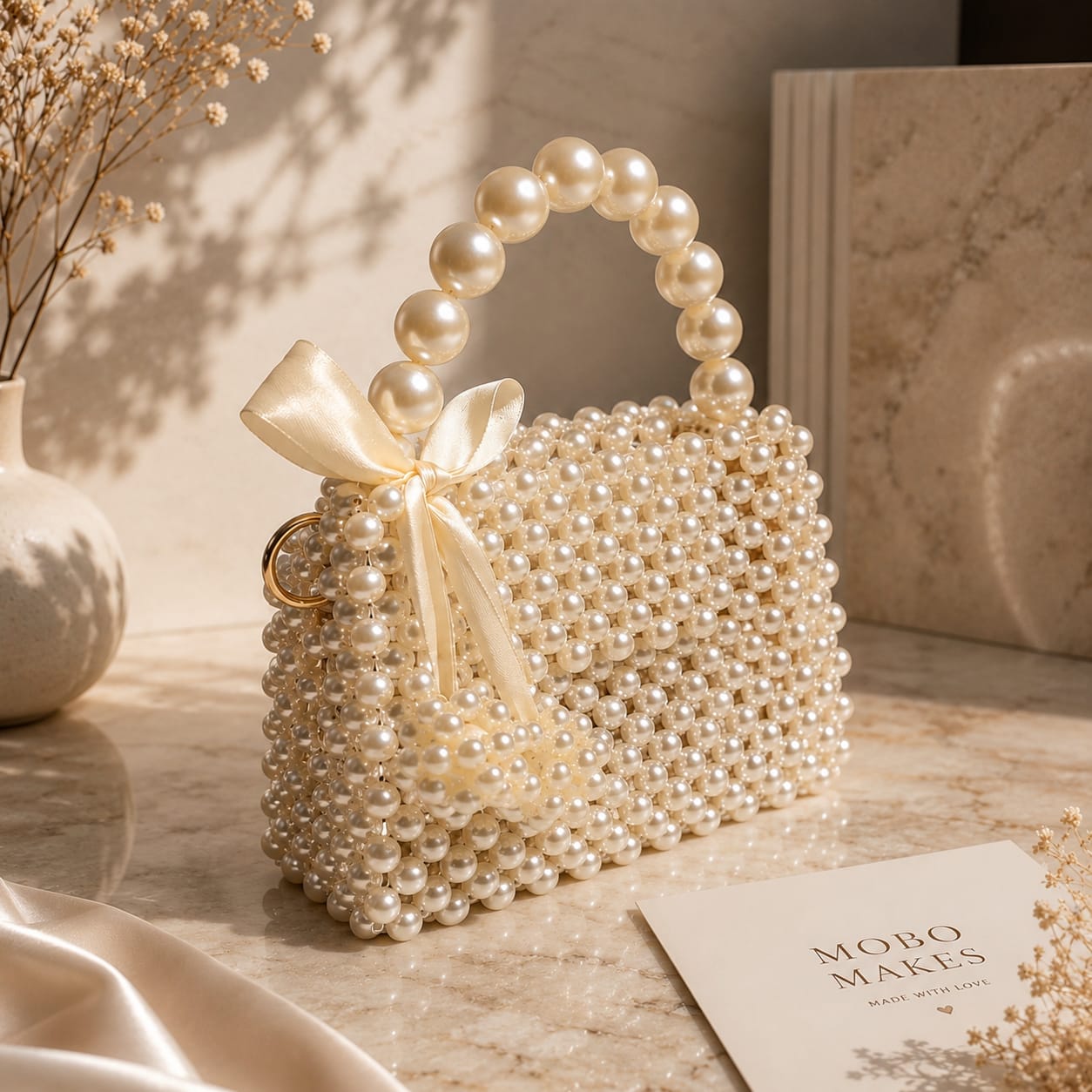 Luxury Handmade Pearl Beaded Handbag with Elegant Satin Bow
