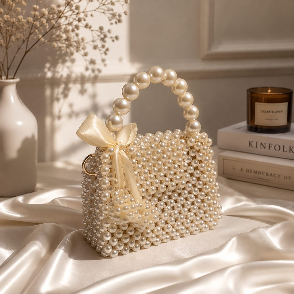 Luxury Handmade Pearl Beaded Handbag with Elegant Satin Bow