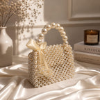 Luxury Handmade Pearl Beaded Handbag with Elegant Satin Bow