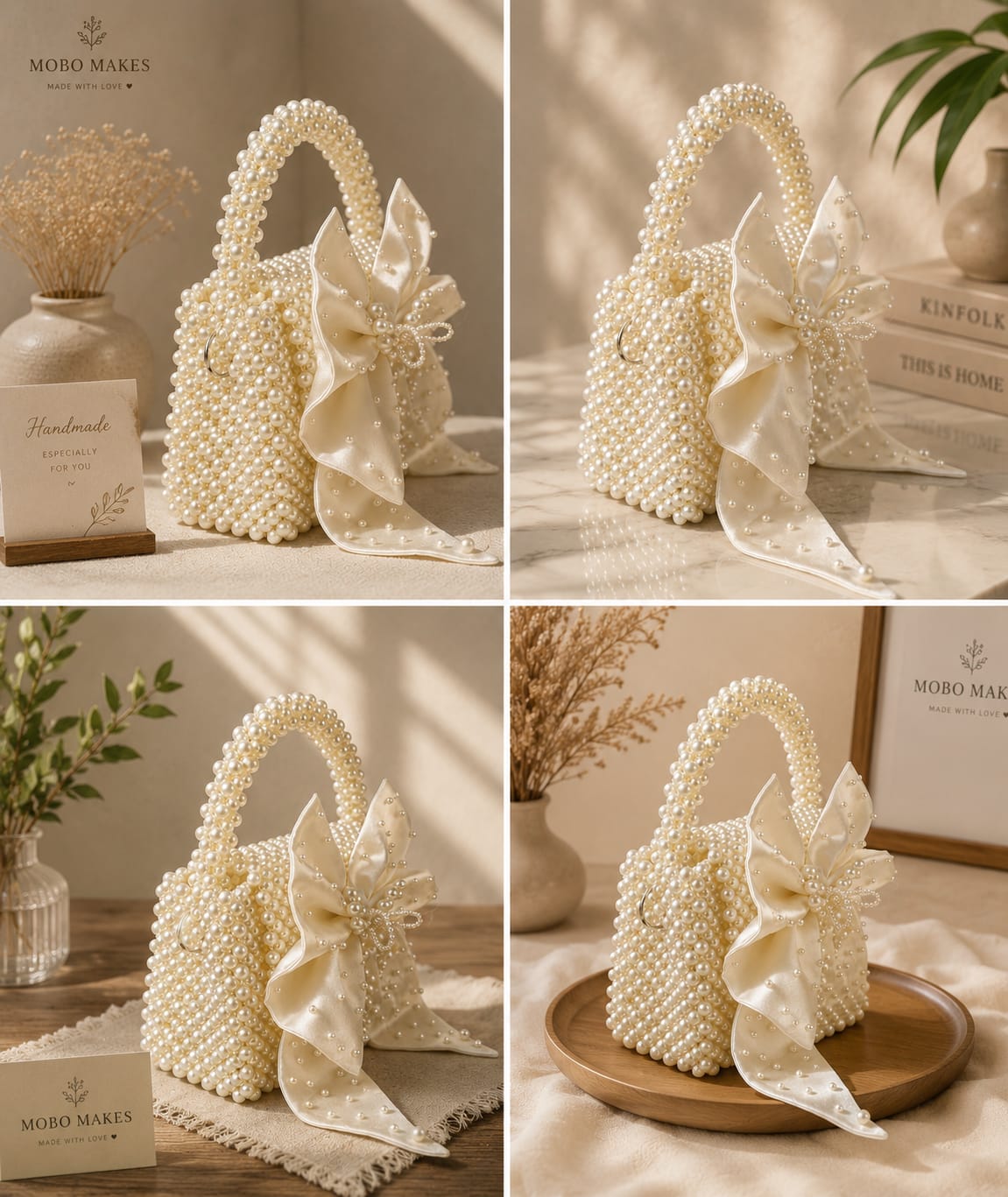 Luxury Handmade Pearl Beaded Handbag with Elegant Satin Bow