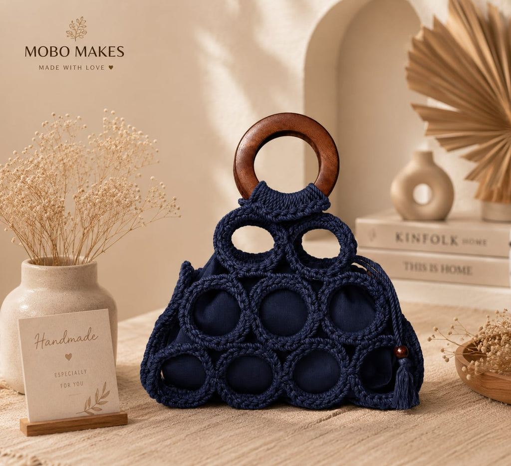 Handmade Navy Macramé Wooden Handle Handbag | Premium Boho Tote |