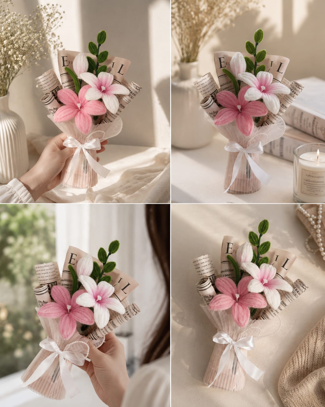 Handmade Pink Lily Crochet Flower Bouquet |Premium Knitted Bouquet | MOBO MAKES