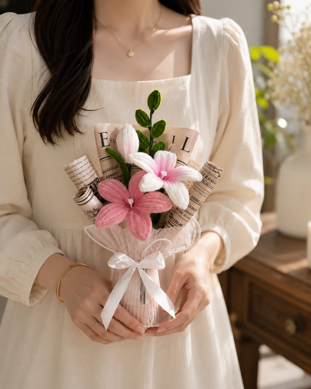 Handmade Pink Lily Crochet Flower Bouquet |Premium Knitted Bouquet | MOBO MAKES