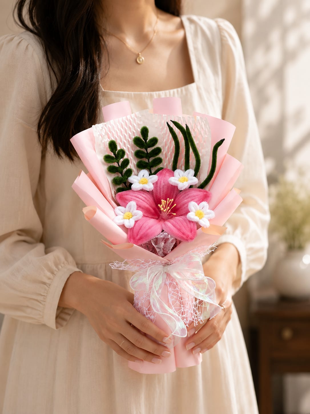 Handmade Pink Lily Crochet Flower Bouquet | Luxury Forever Floral Gift I MOBO MAKES