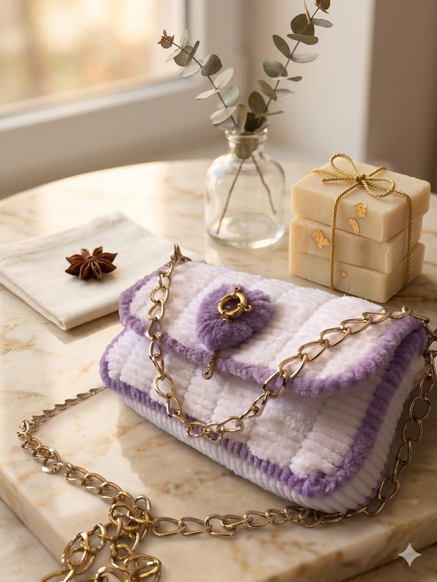 Luxury Handcrafted Lavender & White Crochet Sling Bag | Premium Checkerboard Crossbody Bag for Women | MOBO MAKES