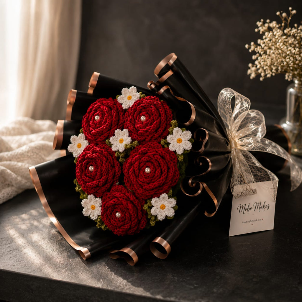 Handcrafted Crochet Red Rose & Daisy Bouquet with Pearl Centers |