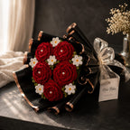 Handcrafted Crochet Red Rose & Daisy Bouquet with Pearl Centers |