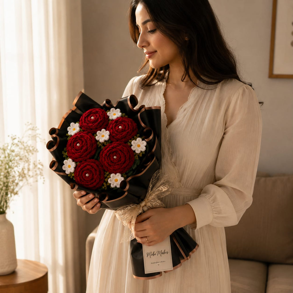 Handcrafted Crochet Red Rose & Daisy Bouquet with Pearl Centers |
