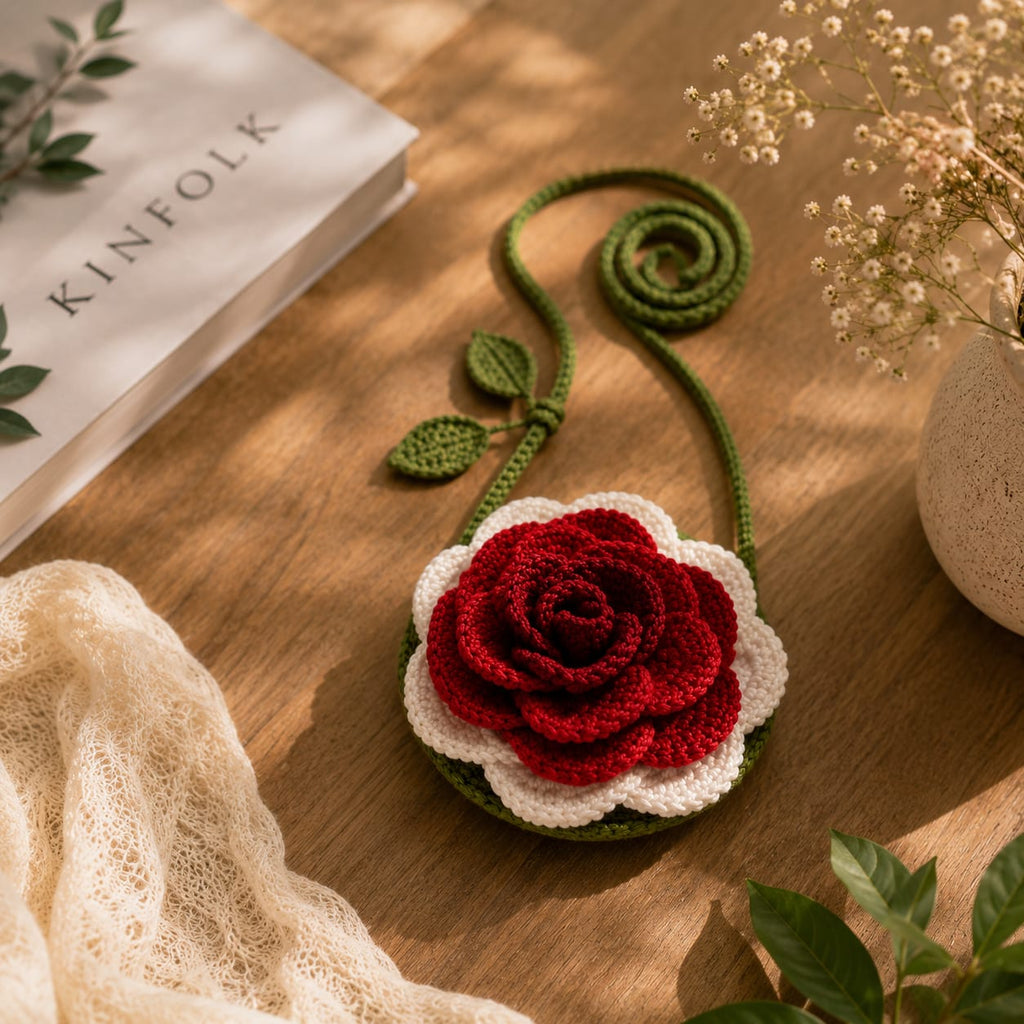 Handmade Crochet Rose Vine Crossbody Bag – Whimsical 3D Floral Pouch Purse