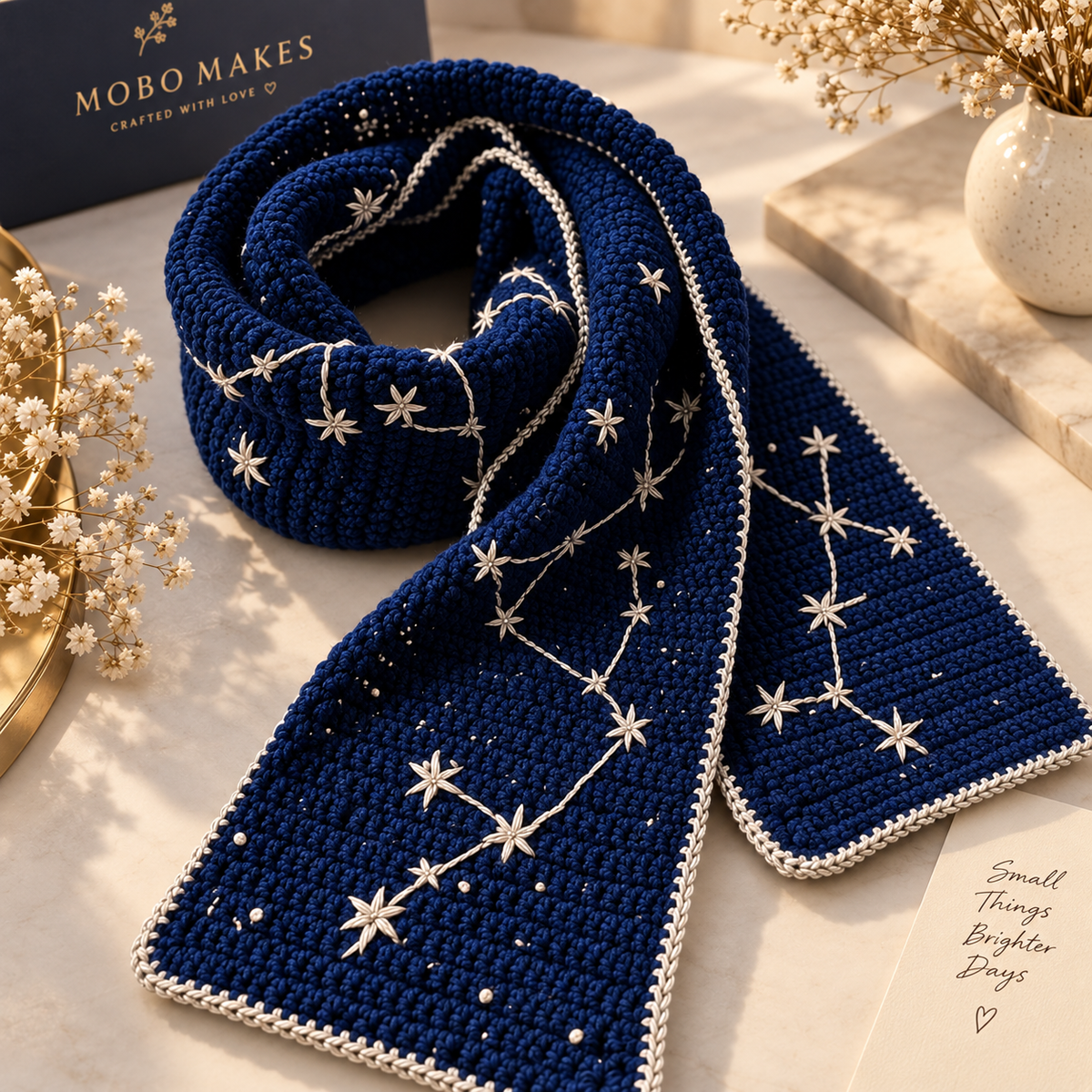 Handcrafted Navy Blue Crochet Embroidered Scarf |
