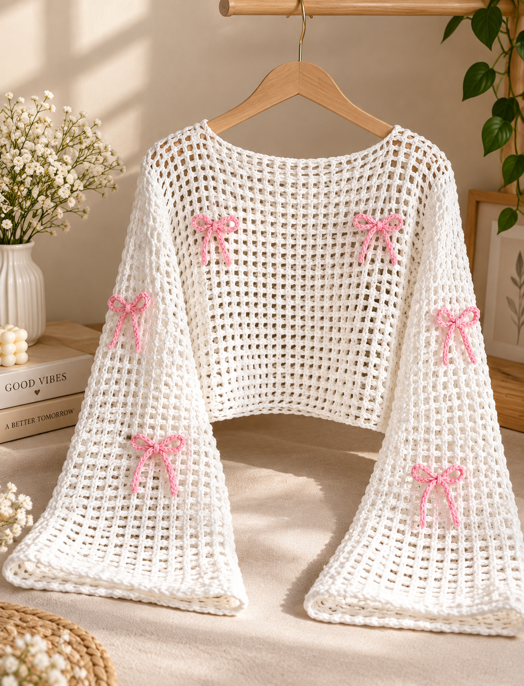 Handmade Crochet Bow Bell Sleeve Shrug – White Knit Open-Front Layering Top