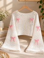Handmade Crochet Bow Bell Sleeve Shrug – White Knit Open-Front Layering Top