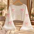 Handmade Crochet Bow Bell Sleeve Shrug – White Knit Open-Front Layering Top